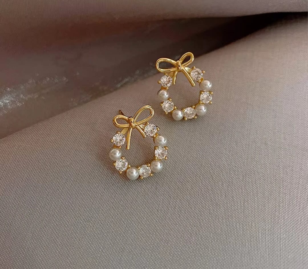 Zevira Pearl Bow Crystal Earrings