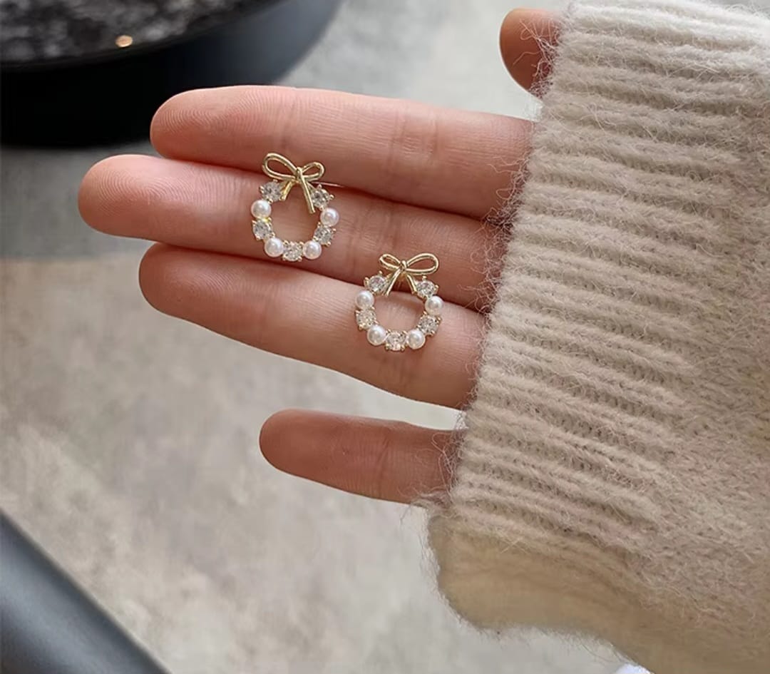 Zevira Pearl Bow Crystal Earrings