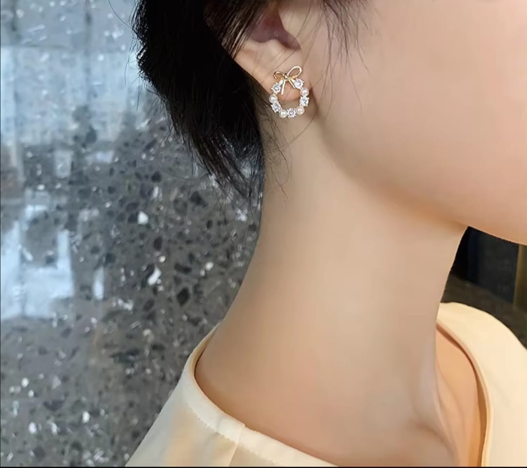 Zevira Pearl Bow Crystal Earrings