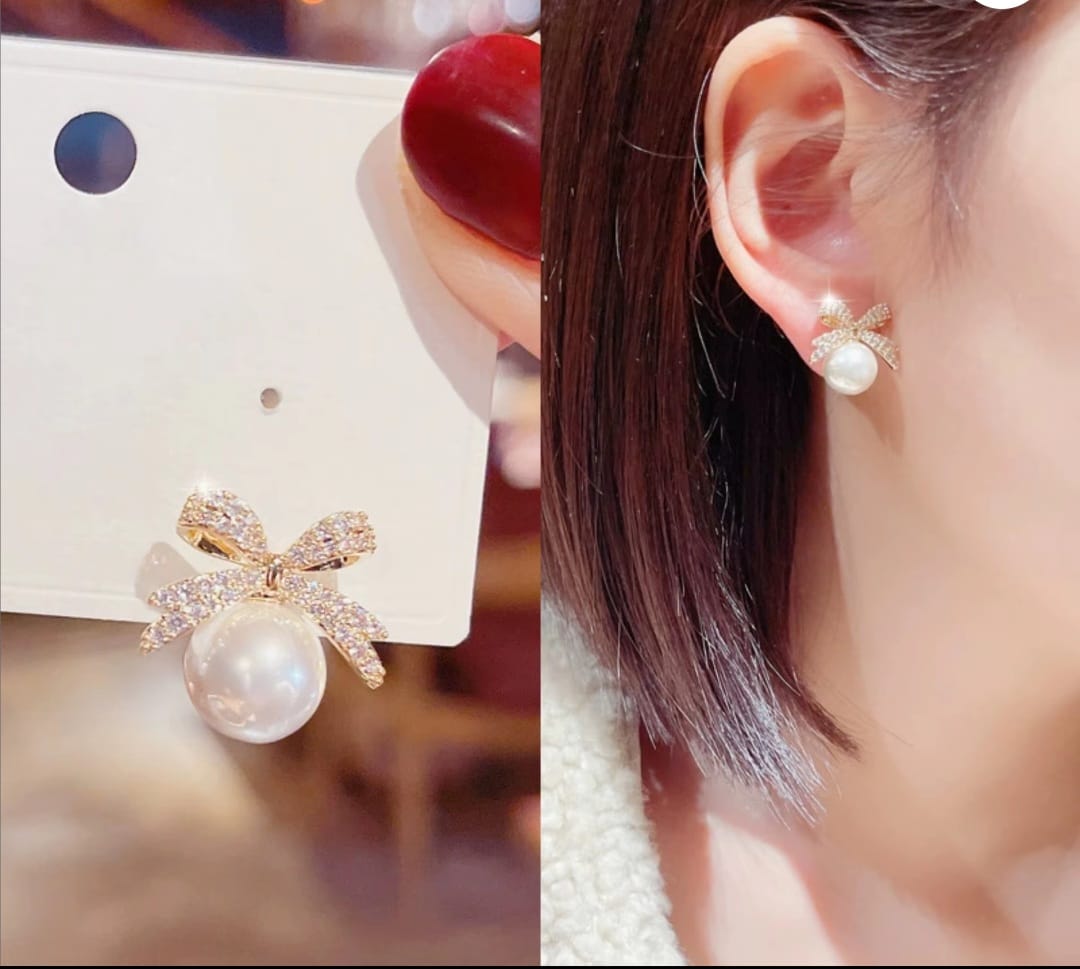 Zevira Pearl Bow Luxe Stud Earrings