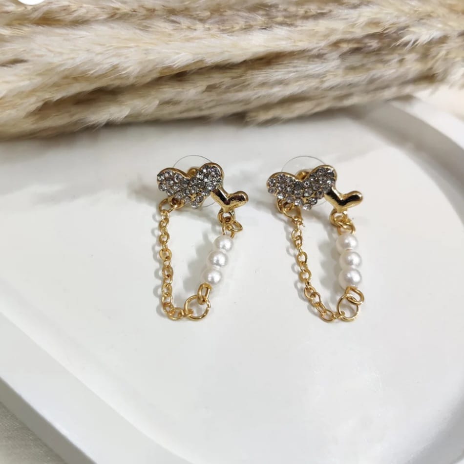 Zevira Crystal Heart Pearl Chain Stud Earrings