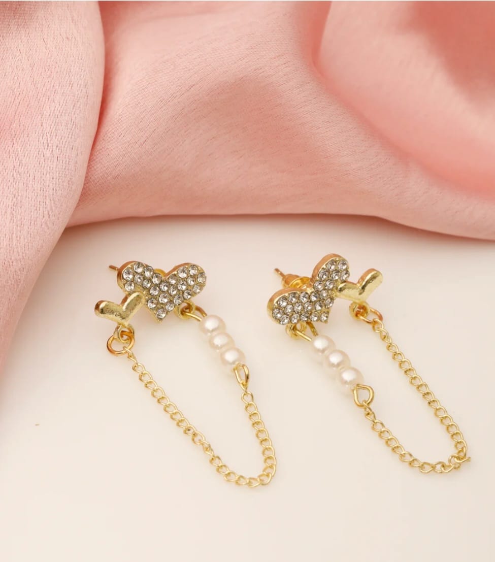 Zevira Crystal Heart Pearl Chain Stud Earrings
