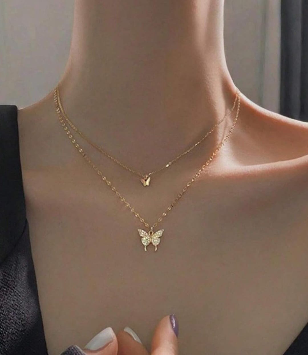 Zevira Crystal Butterfly Layered Pendant Necklace